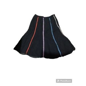 Anthropologie Black Floral Embroidered Striped Knee Length Skirt